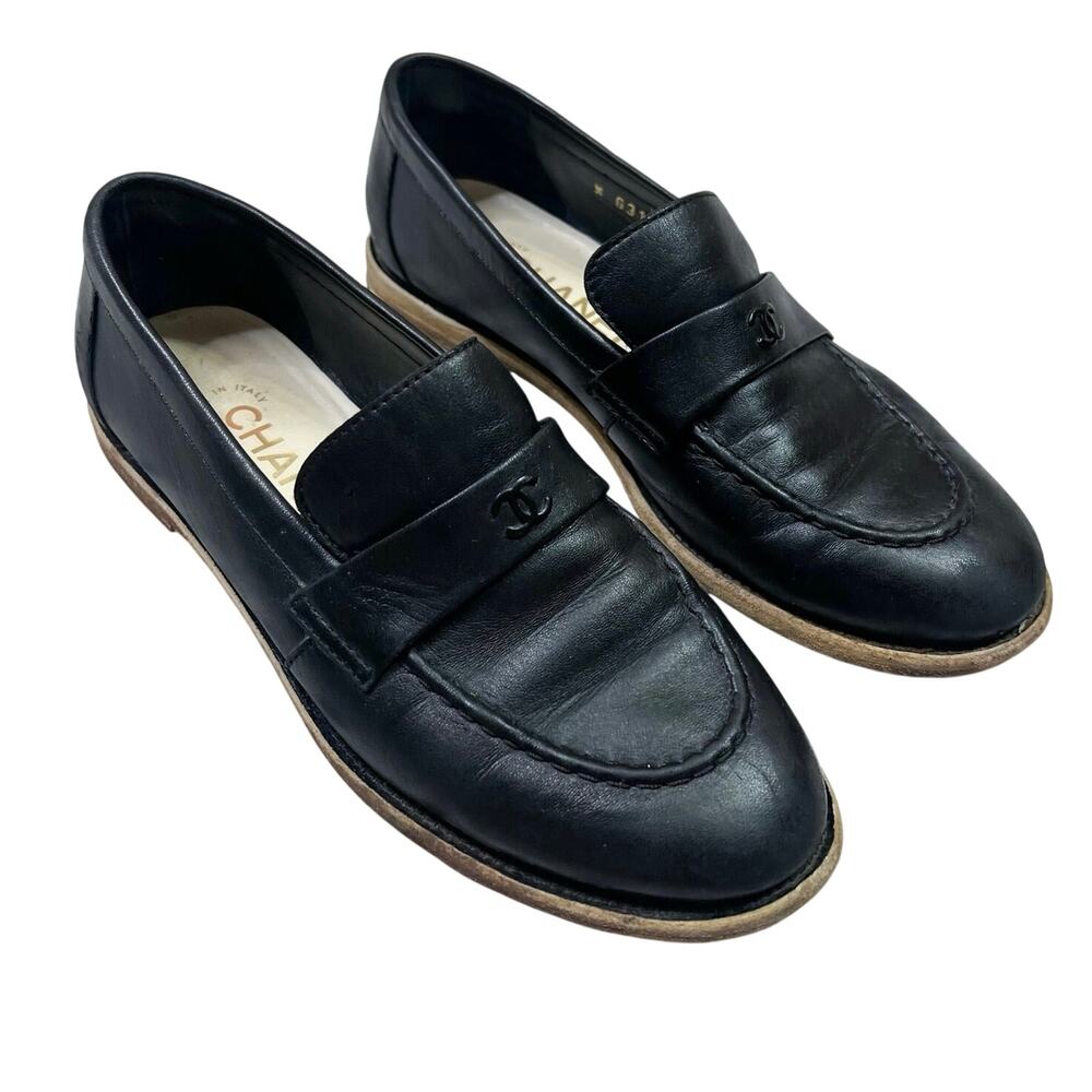 Chanel | Black Leather CC Logo Classic Penny Loafers Designer Flats Size 36